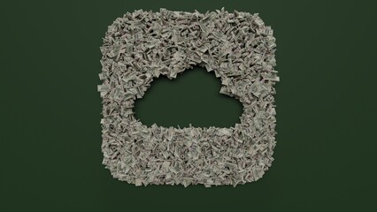 3d rendering of dollar cash rolls and stacks in shape of icon of iCloud drive app on green background