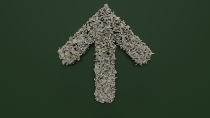 3d rendering of dollar cash rolls and stacks in shape of symbol of arrow up on green background