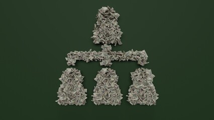 3d rendering of dollar cash rolls and stacks in shape of symbol of hierarchical structure on green background