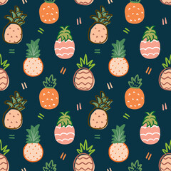 Seamless Pattern with Pineapple Art Design on Dark Blue Background