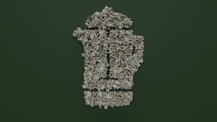 3d rendering of dollar cash rolls and stacks in shape of symbol of french press on green background