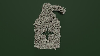 3d rendering of dollar cash rolls and stacks in shape of symbol of sanitizer gel on green background