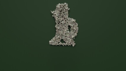 3d rendering of dollar cash rolls and stacks in shape of symbol of vinegar on green background