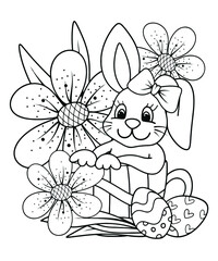 Little bunny sitting in a cup among flowers and easter egg illustration for coloring book