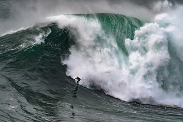 Professional athlete surfing a giant wave. - obrazy, fototapety, plakaty