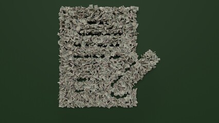 3d rendering of dollar cash rolls and stacks in shape of symbol of contract on green background