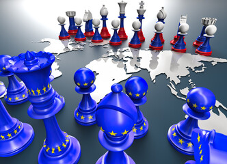 symbol of war and geopolitics in the world with chess pieces.