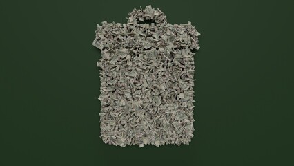 3d rendering of dollar cash rolls and stacks in shape of symbol of garbage on green background