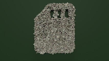3d rendering of dollar cash rolls and stacks in shape of symbol of interface on green background