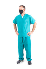 Fototapeta premium Doctor With Face Mask Looks To Side Of Frame