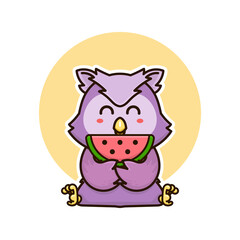 happy owl bird eat watermelon fruit adorable cartoon doodle vector illustration flat design style