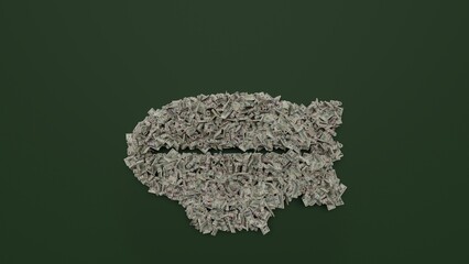 3d rendering of dollar cash rolls and stacks in shape of symbol of zeppelin on green background © Destrosvet