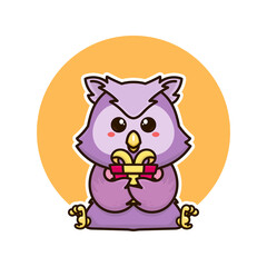 happy owl bird and gift box adorable cartoon doodle vector illustration flat design style