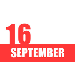 September. 16th day of month, calendar date. Red numbers and stripe with white text on isolated background.
