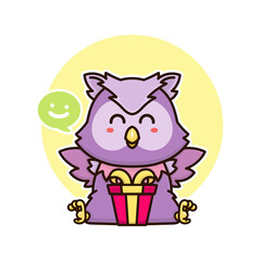 happy owl bird and gift box adorable cartoon doodle vector illustration flat design style