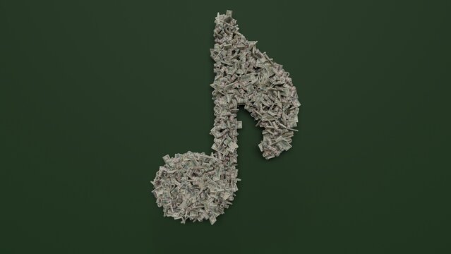 3d rendering of dollar cash rolls and stacks in shape of symbol of musical note on green background