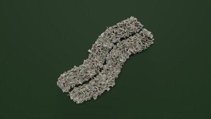 3d rendering of dollar cash rolls and stacks in shape of symbol of bacon on green background