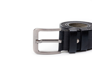 Black leather belt with a classic metal buckle for men's trousers and jeans.