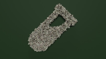 3d rendering of dollar cash rolls and stacks in shape of symbol of vial on green background