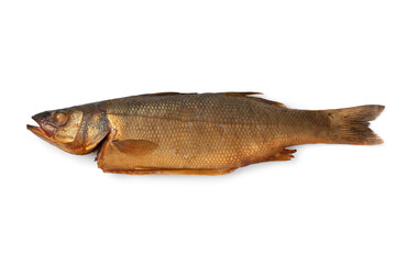 Single smoked sea bass isolated on white background