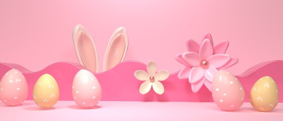 Easter holiday theme with decorations and rabbit ears - 3d render