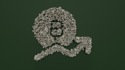 3d rendering of dollar cash rolls and stacks in shape of symbol of bitcoin trend on green background