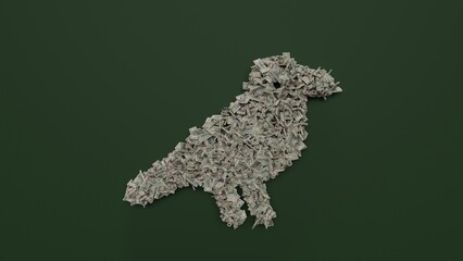 3d rendering of dollar cash rolls and stacks in shape of symbol of crow on green background