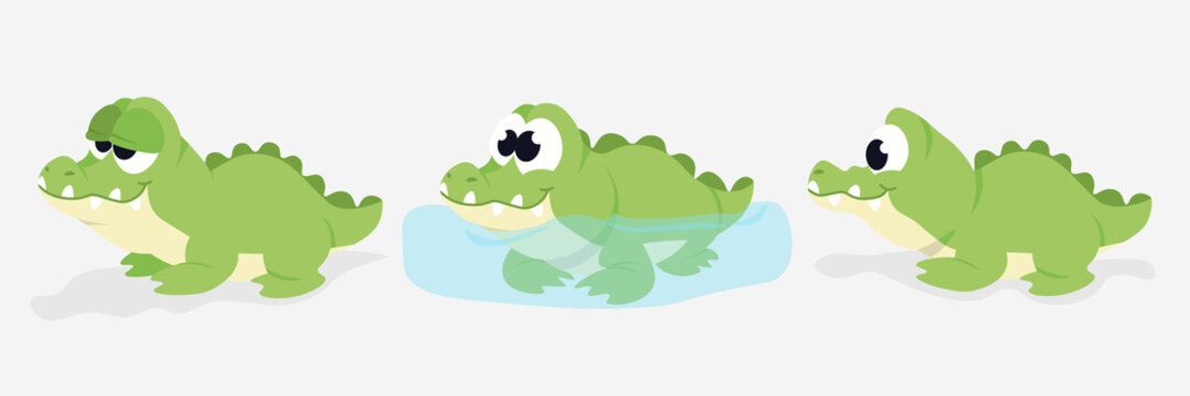 Vector illustration cute and beautiful crocodile on white background. Charming character in different poses falling asleep, in water and side view in cartoon style.