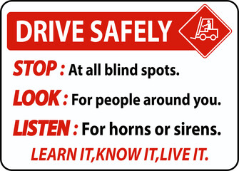 Drive Safely Stop Look Listen Sign On White Background