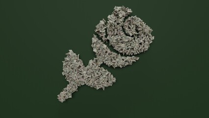 3d rendering of dollar cash rolls and stacks in shape of symbol of rose on green background