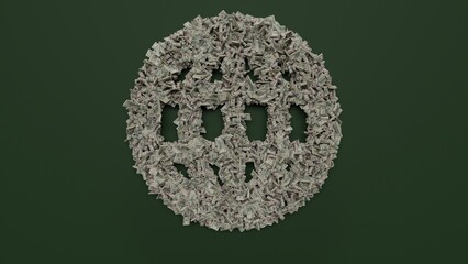 3d rendering of dollar cash rolls and stacks in shape of symbol of internet on green background