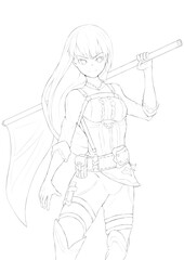 Anime girl with long hair holds a banner in her hands. She is wearing a tight-fitting suit, stockings, boots, a pendant weighs on her hip. She looks straight ahead and smiles. 2d illustration.