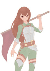 Anime girl with long brown hair and red eyes holds a red banner in her hands. She is wearing a tight green and white suit, stockings, boots, a pendant weighs on her hip. 2d illustration.