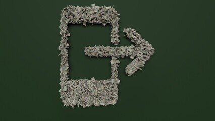 3d rendering of dollar cash rolls and stacks in shape of symbol of smartphone on green background