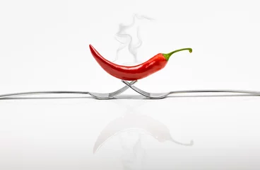 Aluminium Prints Hot chili peppers red hot chili pepper on a fork
