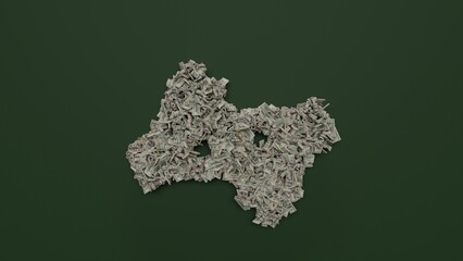 3d rendering of dollar cash rolls and stacks in shape of symbol of American sign language interpreting on green background