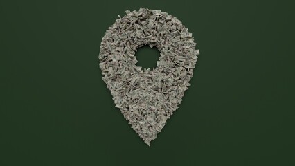 3d rendering of dollar cash rolls and stacks in shape of symbol of placeholder on green background