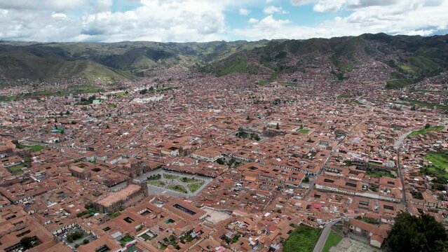 Panorama aerial view of Cusco, Peru from drone