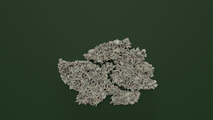 3d rendering of dollar cash rolls and stacks in shape of symbol of hedgehog on green background