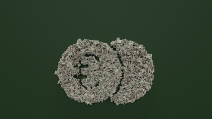 3d rendering of dollar cash rolls and stacks in shape of symbol of euro on green background