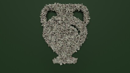 3d rendering of dollar cash rolls and stacks in shape of symbol of museum jar on green background