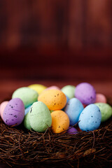 Easter background with yellow chicks and eggs. Easter holidays.