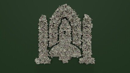 3d rendering of dollar cash rolls and stacks in shape of symbol of space ship on green background