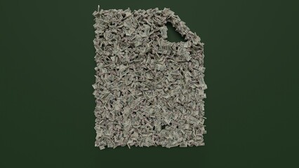 3d rendering of dollar cash rolls and stacks in shape of symbol of diploma on green background
