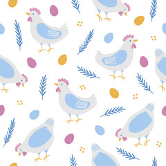 Easter seamless pattern with hen, eggs, leaves, branches. Vector illustration
