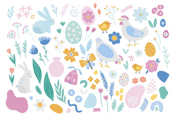 Fototapeta na wymiar Easter design elements - rabbit, hen, chicken, butterfly, egg, leaves, moth
