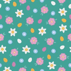 Easter seamless pattern with flowers, eggs, daffodil, leaves. Vector illustration