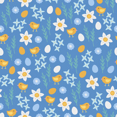 Easter seamless pattern with chicken, daffodil, leaves, flowers, eggs, leaves
