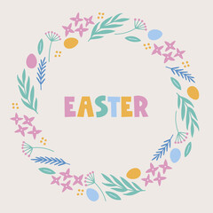 Easter greeting card with flowers, eggs, branches, leaves. Scandinavian style