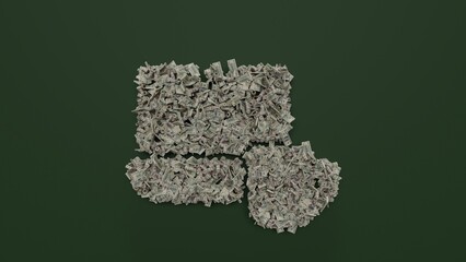 3d rendering of dollar cash rolls and stacks in shape of symbol of laptop work on green background
